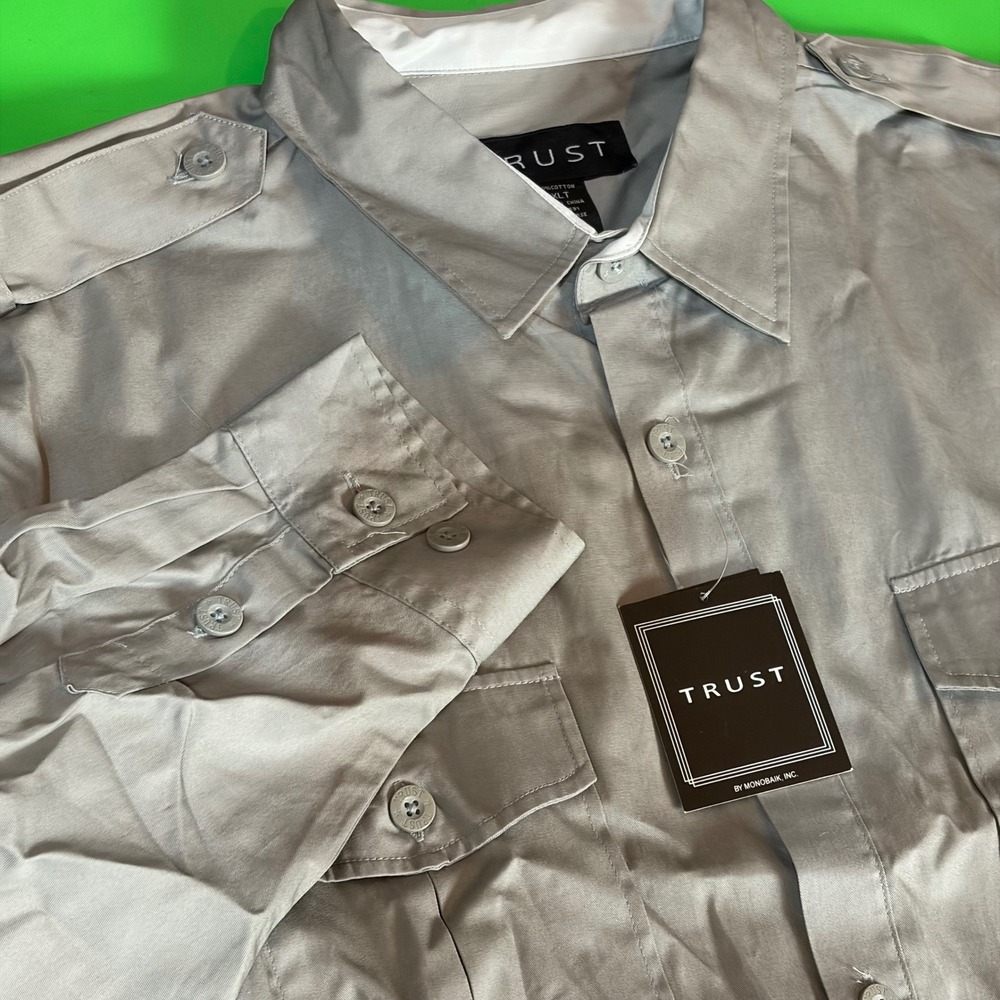 Trust Button Up Shirt Mens 2XLT Gray Long Sleeve Cotton Utility Epaulets Casual